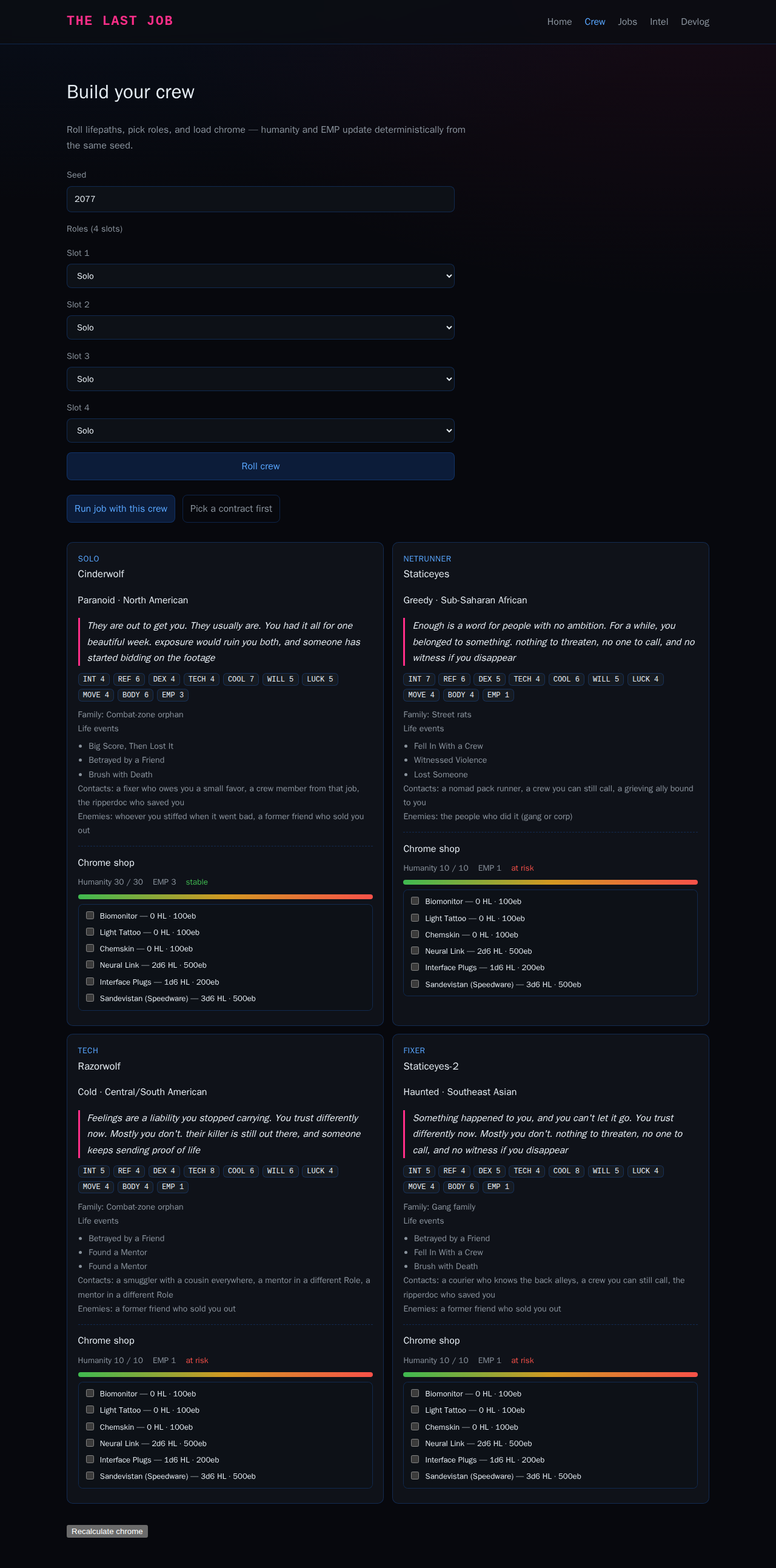 Devlog screenshot: crew dossier surface.